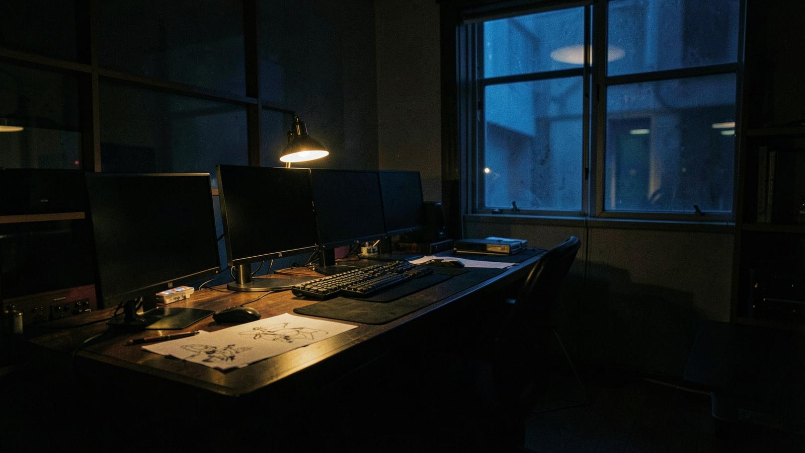 Studiorum i skymning med släckta skärmar, skisser på bordet och en enda tänd lampa