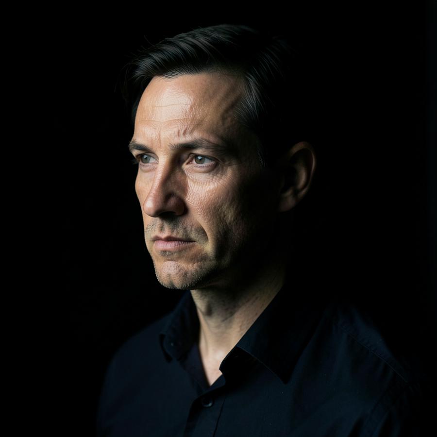 Porträtt av Marcus i dämpat sidoljus mot mörk bakgrund
