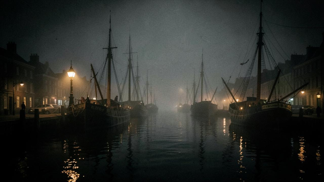 Dimmiga hamnkajer nattetid med förtöjda segelfartyg och lyktljus som speglas i vattnet